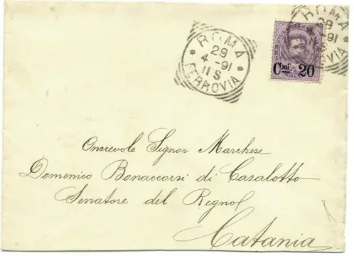 Koninkrijk Italië 1891 - Umberto 20 centesimi su 50 centesimi. Bustada Roma a Cataniasta . Interessante - Sassone 55