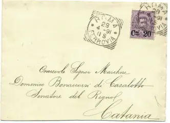 Koninkrijk Italië 1891 - Umberto 20 centesimi su 50 centesimi. Bustada Roma a Cataniasta . Interessante - Sassone 55