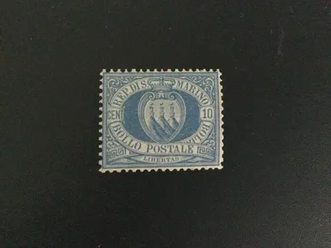 San Marino 1877 - Stemma, 10 cent oltremare - Sassone N. 3