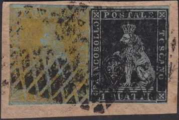Italiaanse oude staten - Toscane 1851 - Marzocco 1 quattrino nero + 1 soldo giallo limone su carta azzurra e filigrana corona - Sassone N. 1a, 2a