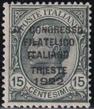 Koninkrijk Italië 1922 - 9th Trieste Philatelic Congress, 15 c. grey, centred, rare, with multiple experts’ reports - Sassone n.123