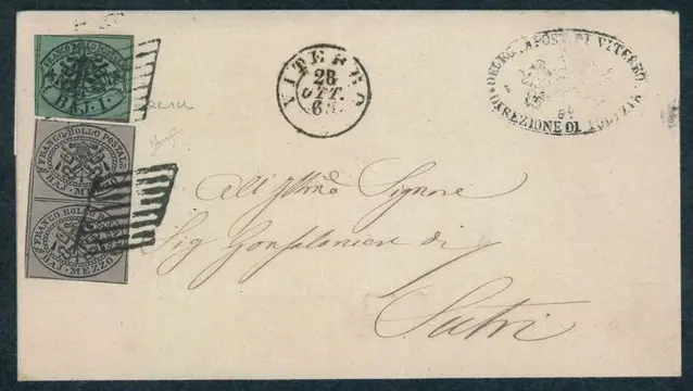 Italiaanse oude staten - Pauselijke Staat - 1/2 b. greyish violet in pair + 2 b. on cover from 1863 from Viterbo to Sutri. G. Biondi - Sassone n. 1A + 2B