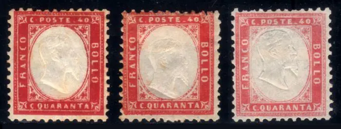Koninkrijk Italië 1862 - Effigy, 1st issue, 40 cents red, 3 different colours - Sassone n. 3a, 3b, 3c