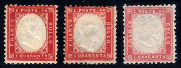Koninkrijk Italië 1862 - Effigy, 1st issue, 40 cents red, 3 different colours - Sassone n. 3a, 3b, 3c