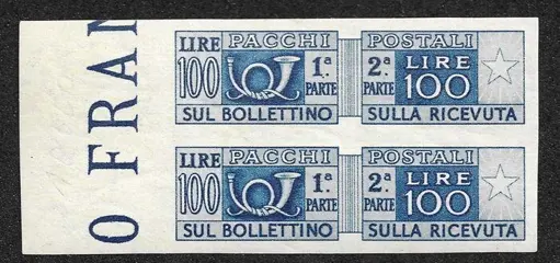 Italië 1946 - Postal parcels, 100 lire in small pair, sheet margin, imperforated