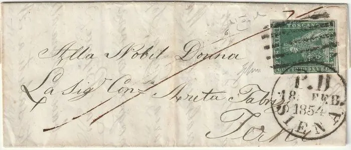 Italiaanse oude staten - Toscane 1854 - I Em. 4 cr. verde ben marginato su lettera da Siena barre + cerchio PD Pt.11 x Fano rara periziata - Sassone n.6