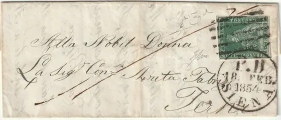Italiaanse oude staten - Toscane 1854 - I Em. 4 cr. verde ben marginato su lettera da Siena barre + cerchio PD Pt.11 x Fano rara periziata - Sassone n.6