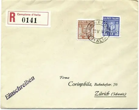 Italië 1944 - Specimen stamp, coat of arms 10 and 30 cents, 1st issue, on registered mail to Zurich. Arrival mark - Sassone N. 2 + 4
