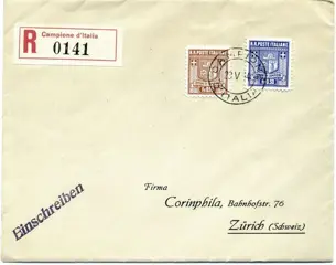 Italië 1944 - Specimen stamp, coat of arms 10 and 30 cents, 1st issue, on registered mail to Zurich. Arrival mark - Sassone N. 2 + 4