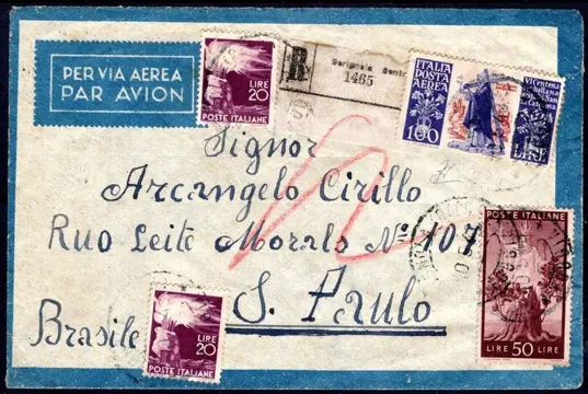 Italiaanse Republiek 1948 - Aerogramme with beautiful mixed postage, ‘Democratica’ set + 100 l. St Catherine airmail. - Sass. n° A146