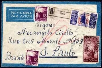 Italiaanse Republiek 1948 - Aerogramme with beautiful mixed postage, ‘Democratica’ set + 100 l. St Catherine airmail. - Sass. n° A146