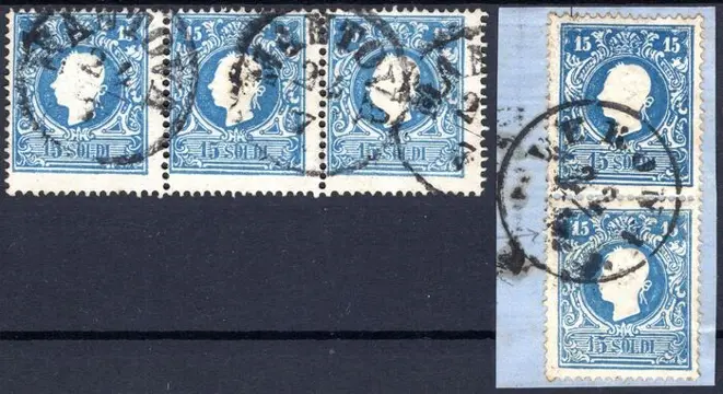 Italiaanse oude staten - Lombardije Venetië - 2nd issue – 2nd type – 15 s. used vertical pair on cut out + horizontal strip of 3 - Sass. n° 32