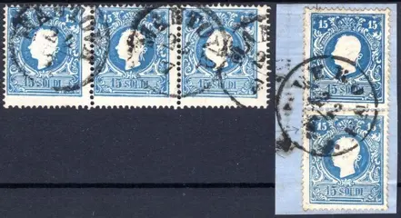 Italiaanse oude staten - Lombardije Venetië - 2nd issue – 2nd type – 15 s. used vertical pair on cut out + horizontal strip of 3 - Sass. n° 32