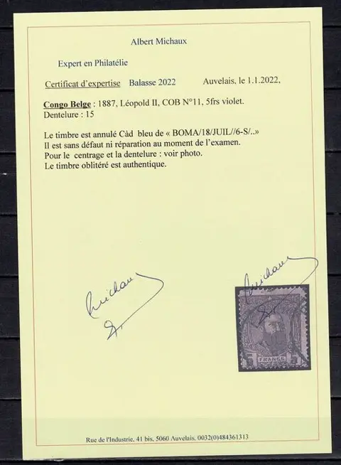 Belgisch-Congo 1887 - Leopold II 5 Fr violet perforation 15, cancelled, BOMA certificate - COB 11