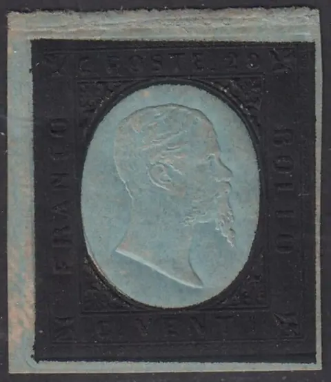 Italiaanse oude staten - Sardinië 1854 - III emissione, prova del c. 20 nero su carta spessa azzurra, II composizione litografica. - Sassone N. 8, prova, Cardillo-Vaccari n. P34