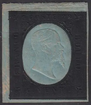 Italiaanse oude staten - Sardinië 1854 - III emissione, prova del c. 20 nero su carta spessa azzurra, II composizione litografica. - Sassone N. 8, prova, Cardillo-Vaccari n. P34