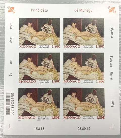 Monaco 2012 - €1.80 Olympia by Édouard MANET, imperforate in sheet of 6, superb and rare - Yvert & Tellier n° 2857