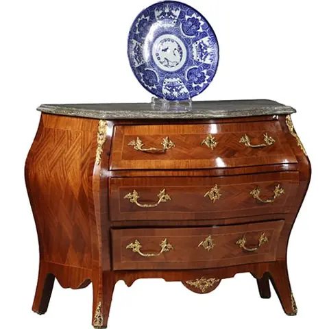 Gebombeerde commode in Rococostijl ca 1920 grijs geaderd marmerblad