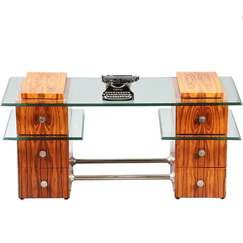 Een uniek bureau met glazen werkblad laat Art Deco ca 1950 met 6 laden