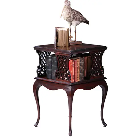 Kleine vierkante boekenmolen laat Victoriaans ca 1890 met ajour gezaagde paneeltjes