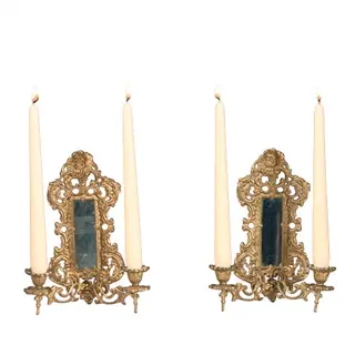 Antieke kandelaren / Stel van 2  wandkandelaren 2-armig verstelbaar met spiegeltjes ca 1900