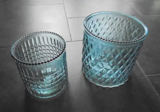 WIND- WAXINELICHT GROEN BLAUW SET 15 EN 12,5 CM GLAS NIEUW