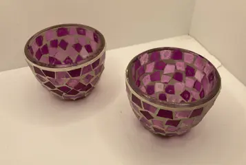 WAXINELICHTJES IN GLAS MOZAIEK HOOG 6,5 CM PAARS NIEUW
