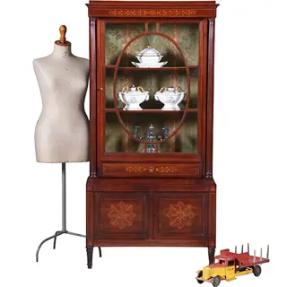 Franse Vitrine met lade en gesloten deurtje prachtig ingelegd verstelbare planken ca. 1875