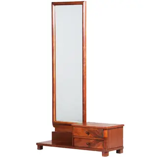 Strakke chique  draaibare facet geslepen passpiegel halspiegel art deco in notenhout frame met 2 laden