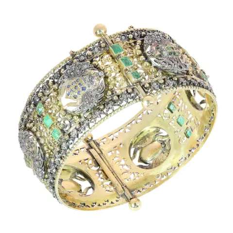 Victorian Neo Egyptian Hinged Bangle with Diamond and Gem Set Scarabs