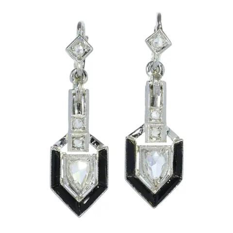 Art Deco Diamond and Onyx Earrings with Pear Shaped Diamond Drops