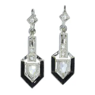 Art Deco Diamond and Onyx Earrings with Pear Shaped Diamond Drops