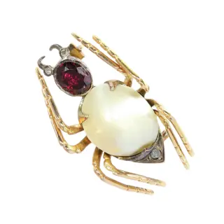 Late Victorian Spider Brooch with Blister Pearl, Garnet and Rose Cut Diamonds