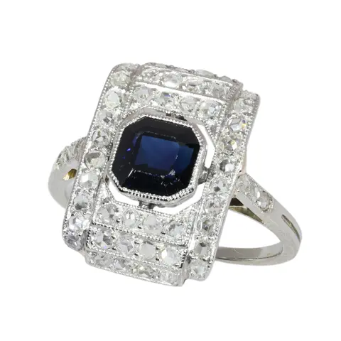 Circa 1930 Art Deco sapphire ring framed by fifty rose cut diamonds