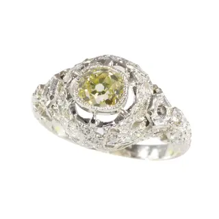 Edwardian Platinum Ring with Fancy Yellow Diamond  A Lacy Echo of 1920s Elegance