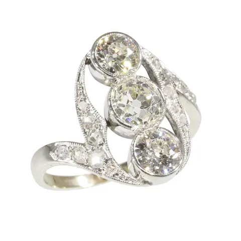 Airy Belle Epoque Diamond Ring, Three Stone Design with Rose Cut Shoulders