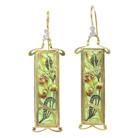 Enchanted Iris: 18K Gold Art Nouveau Earrings with Plique-à-Jour Enamel