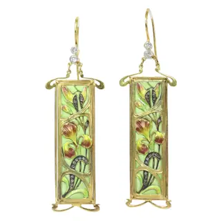 Enchanted Iris: 18K Gold Art Nouveau Earrings with Plique-à-Jour Enamel