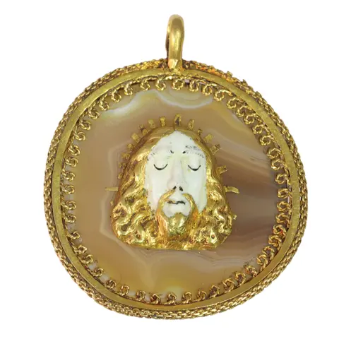 Renaissance Devotional Pendant, ca. 1580  Christ in Enamel on Banded Agate