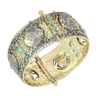 Victorian Neo Egyptian Hinged Bangle with Diamond and Gem Set Scarabs