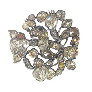Old World Opulence: Rose Cut Diamond Baroque Brooch circa 1680