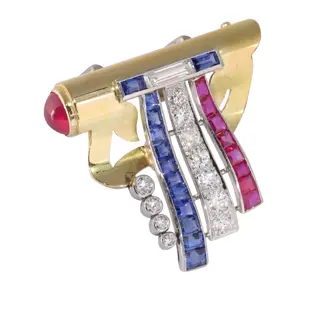 1950s Patriotic Brooch with Diamonds, Rubies, and Sapphires  Symbol of Liberty and Unity