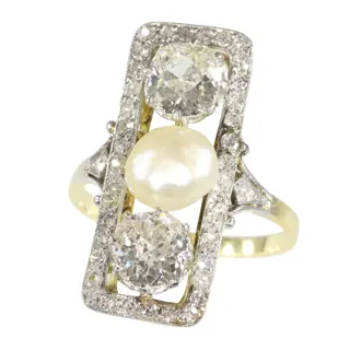 Belle Époque to Art Deco Diamond and Pearl Engagement Ring, circa 1920