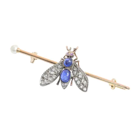 Circa 1900 French Victorian Fly Brooch with Diamonds, Sapphires, Rubies and Pearl