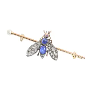 Circa 1900 French Victorian Fly Brooch with Diamonds, Sapphires, Rubies and Pearl