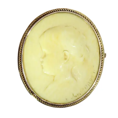 Ivory Portrait Cameo Brooch Signed A. v. Dongen in Gold, c.1900