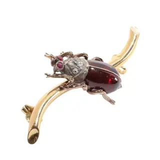 French Victorian Beetle Brooch, A Lively Insect in Garnet, Ruby and Diamonds