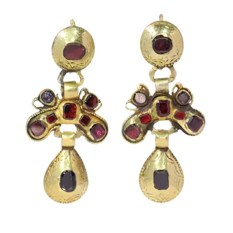 Baroque Iberian Earrings, c.1750  Rare Survivors in 18K Gold with Garnets