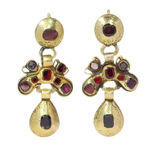 Baroque Iberian Earrings, c.1750  Rare Survivors in 18K Gold with Garnets