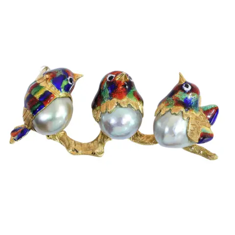 Vintage Italian Bird Brooch with Enamel and Baroque Pearls in 18K Gold
